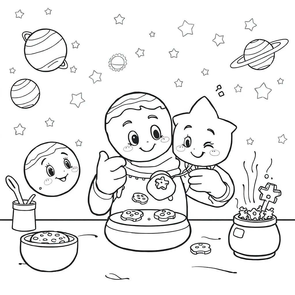 Solar system planets and stars baking cookies — classic solar system coloring page (ages 5–10)