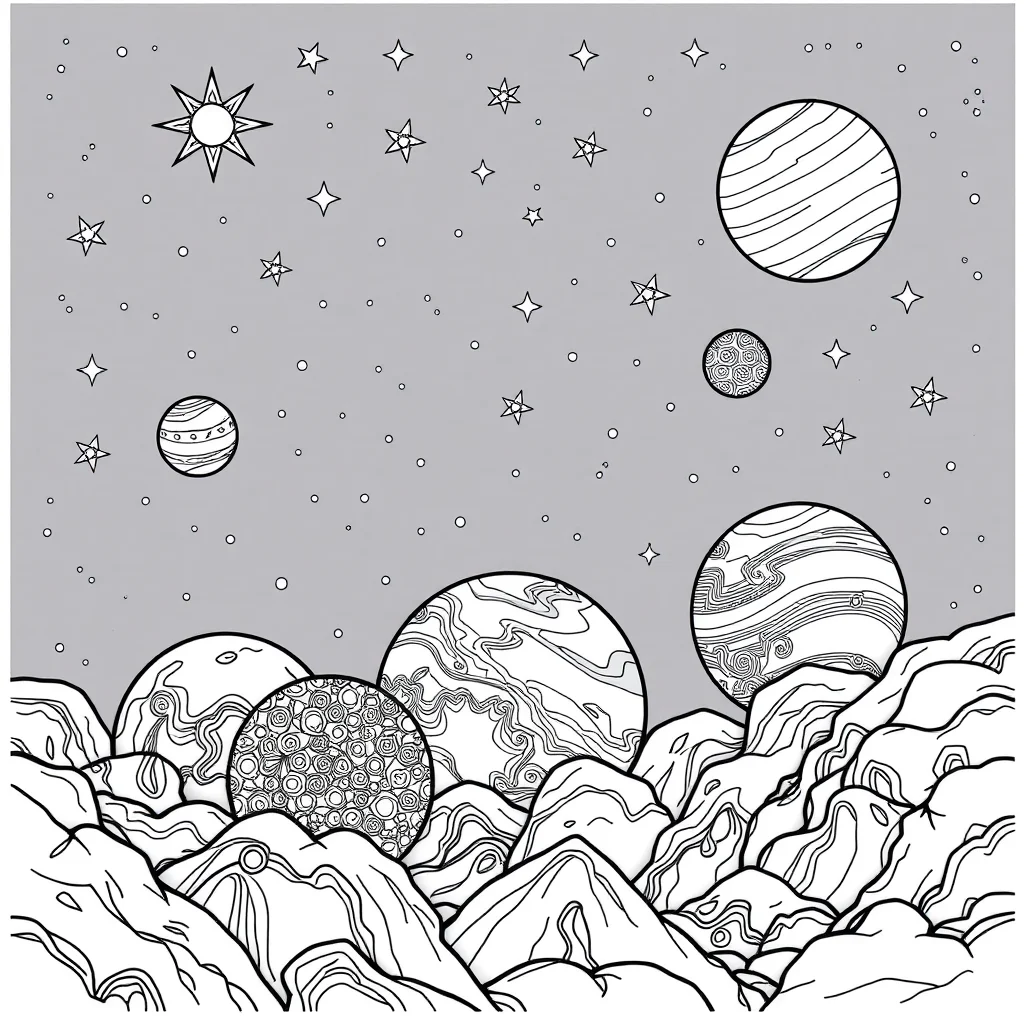 Solar system planets and stars under the night sky with stars — detailed solar system coloring page (ages 9+ & adults)