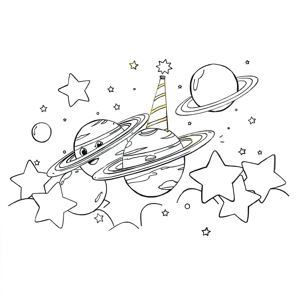 Solar system planets and stars wearing a party hat — classic solar system coloring page (ages 5–10)