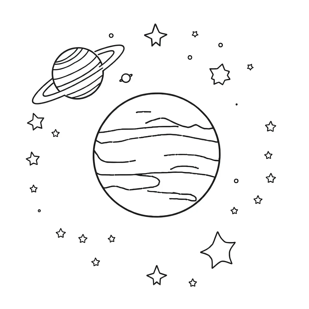 Solar system planets and stars — easy solar system coloring page (ages 2–5)