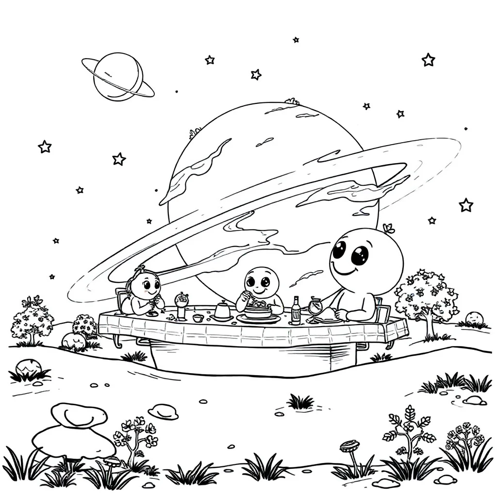 Solar system planets in orbit having a picnic — classic solar system coloring page (ages 5–10)