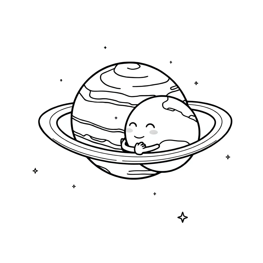 Solar system planets in orbit hugging a friend — easy solar system coloring page (ages 2–5)