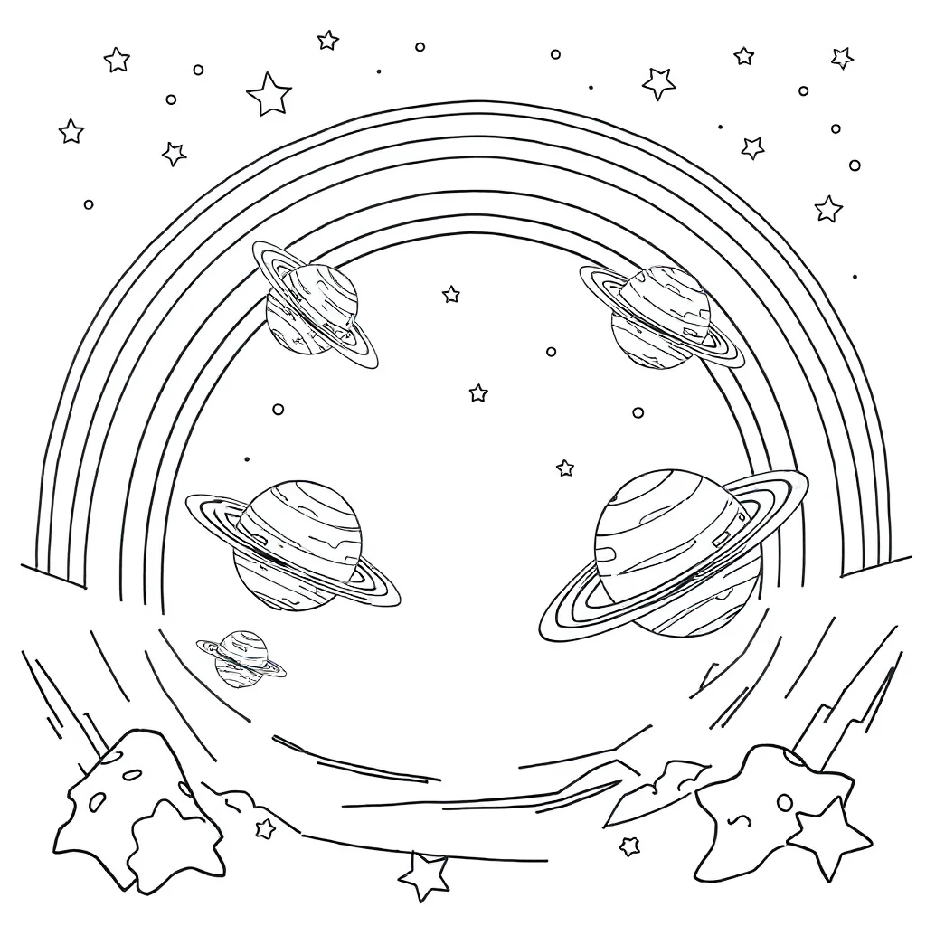 Solar system planets in orbit under a rainbow — classic solar system coloring page (ages 5–10)