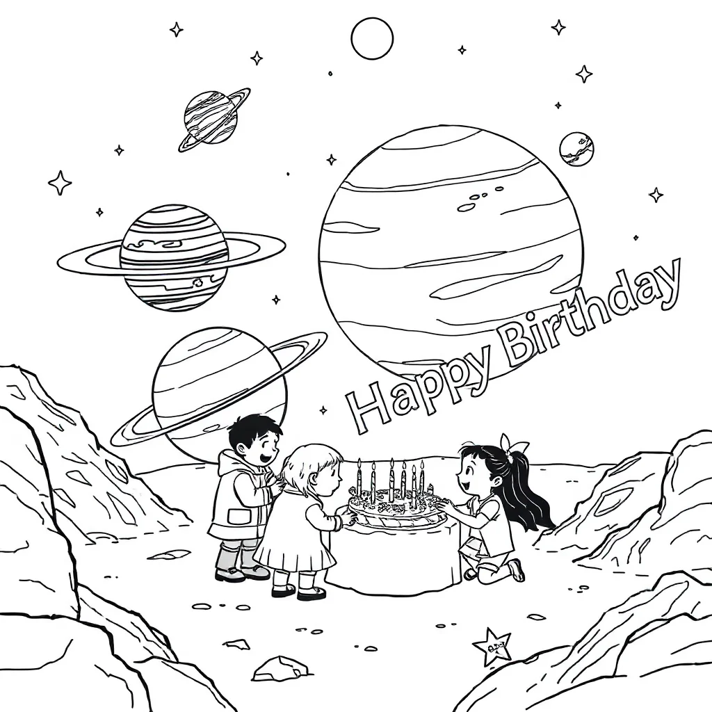Solar system the solar system with planets celebrating a birthday — classic solar system coloring page (ages 5–10)