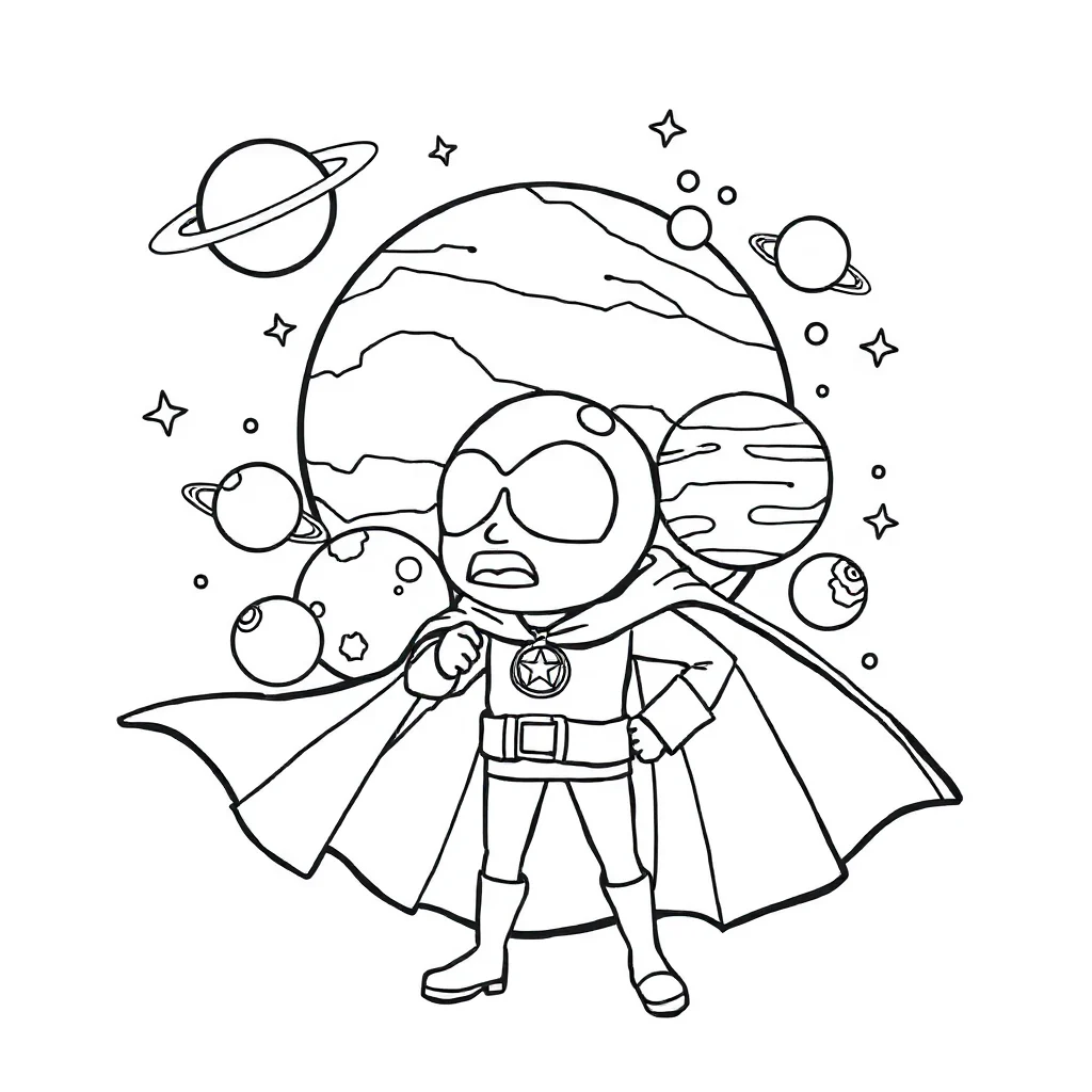 Solar system the solar system with planets in a superhero cape — classic solar system coloring page (ages 5–10)