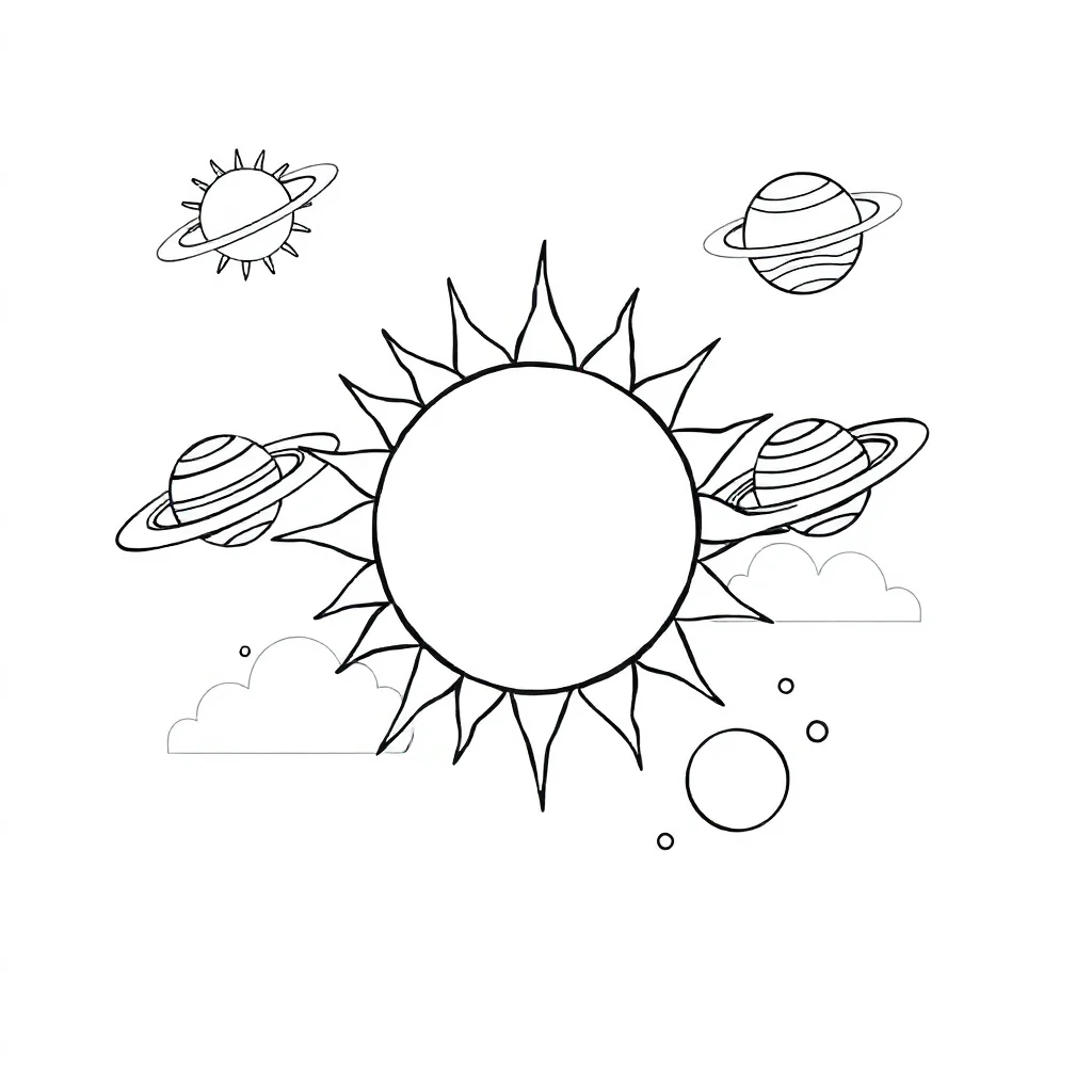 Solar system the sun and planets flying — easy solar system coloring page (ages 2–5)
