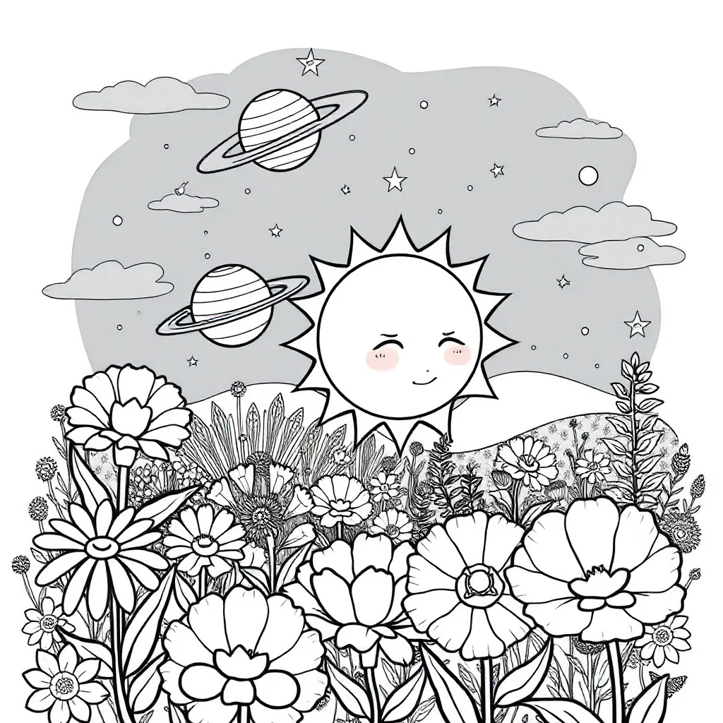 Solar system the sun and planets in a flower garden — classic solar system coloring page (ages 5–10)