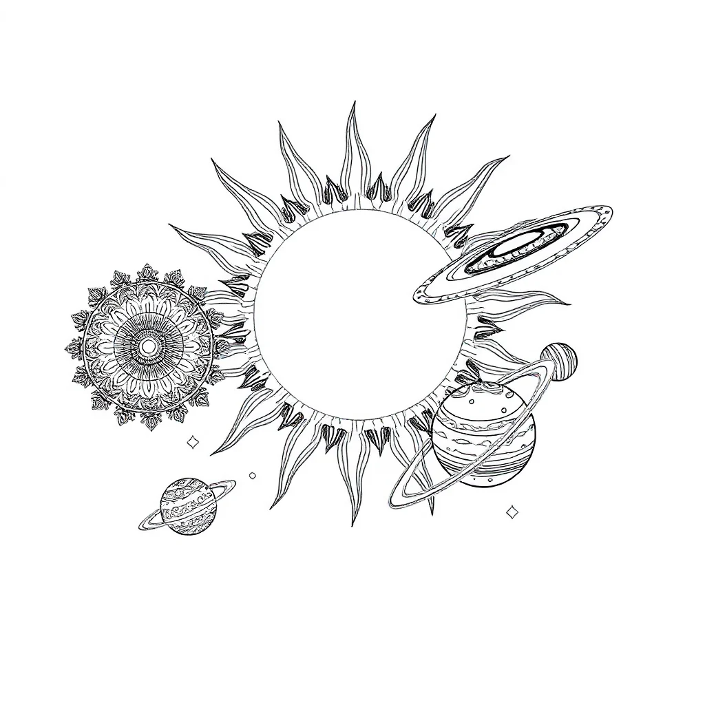Solar system the sun and planets leaping mid air — detailed solar system coloring page (ages 9+ & adults)