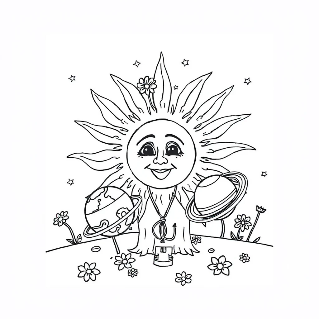 Solar system the sun and planets wearing a flower crown — classic solar system coloring page (ages 5–10)