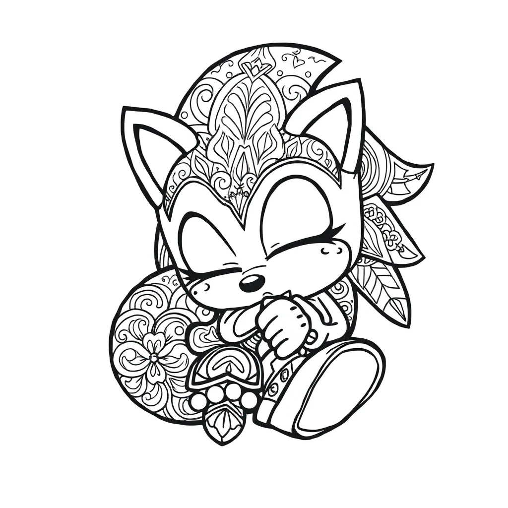 Sonic a cute chibi sonic the hedgehog sleeping curled up — detailed sonic coloring page (ages 9+ & adults)