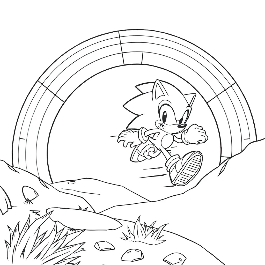 Sonic sonic the hedgehog dashing through a loop under a rainbow — classic sonic coloring page (ages 5–10)