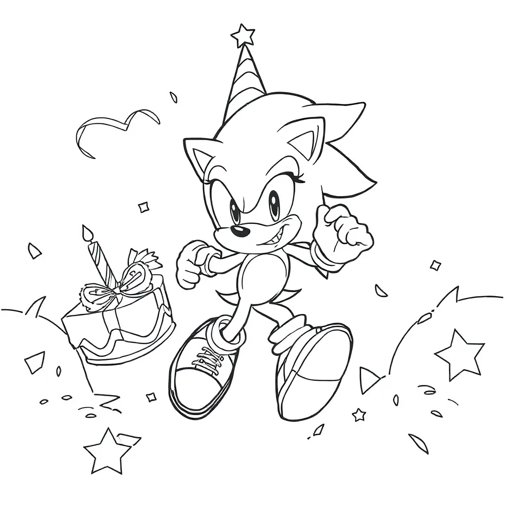 Sonic sonic the hedgehog in a spin dash celebrating a birthday — classic sonic coloring page (ages 5–10)
