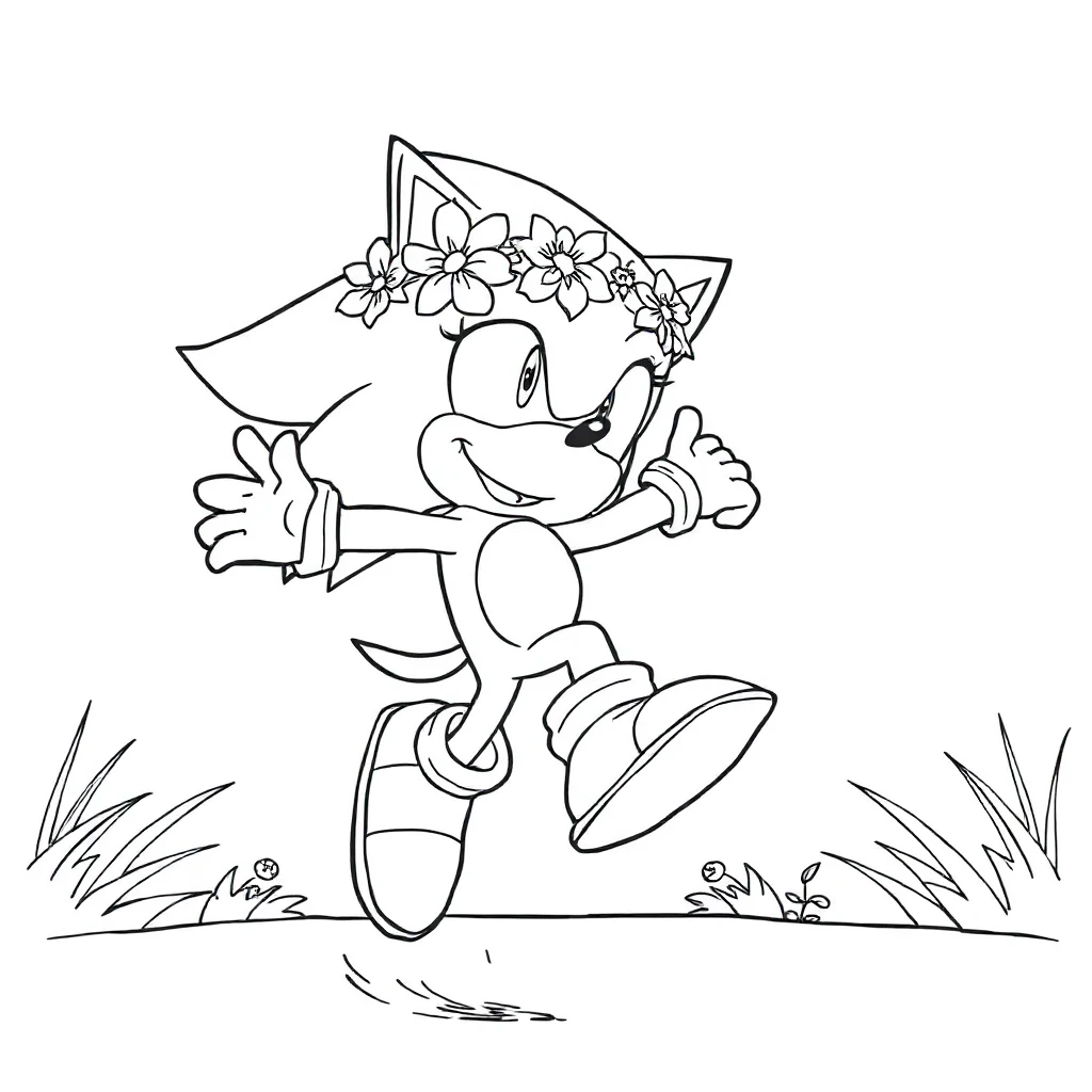 Sonic sonic the hedgehog jumping in the air wearing a flower crown — classic sonic coloring page (ages 5–10)