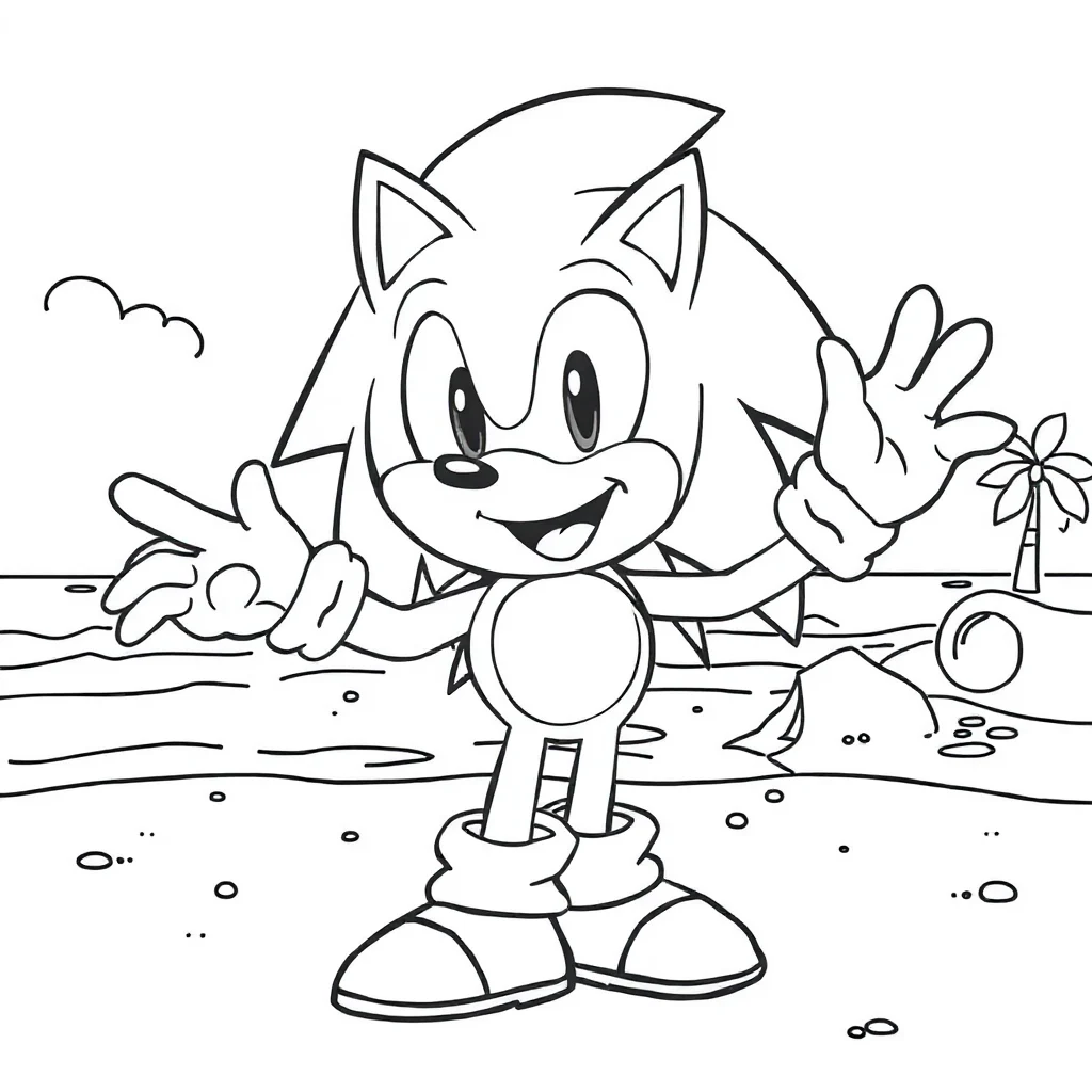 Sonic sonic the hedgehog smiling and waving on the beach — classic sonic coloring page (ages 5–10)