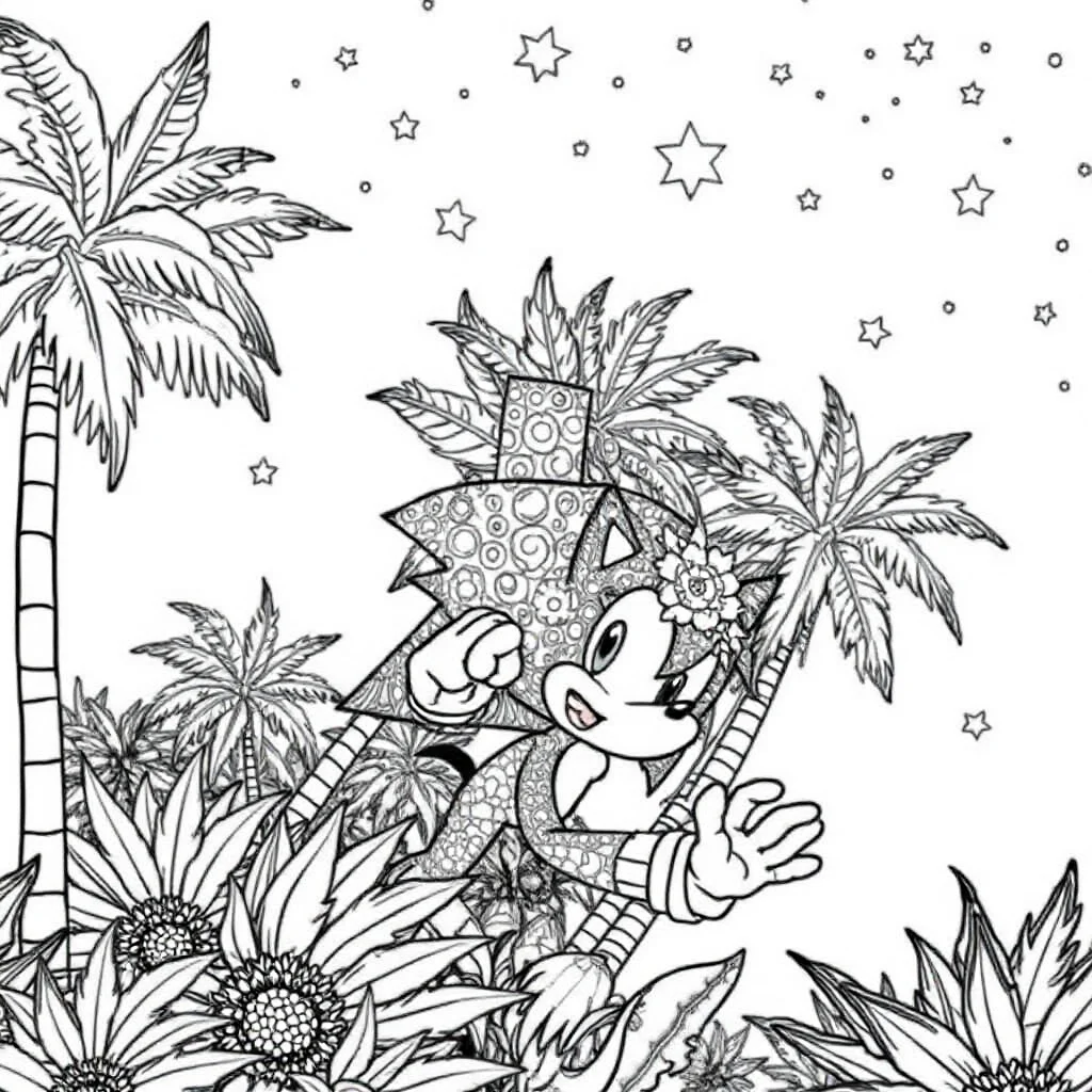 Sonic sonic the hedgehog speeding past palm trees under the night — detailed sonic coloring page (ages 9+ & adults)