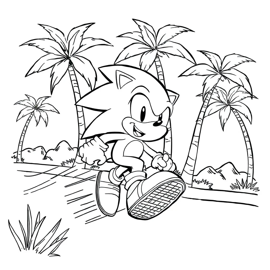 Sonic sonic the hedgehog speeding past palm trees — classic sonic coloring page (ages 5–10)