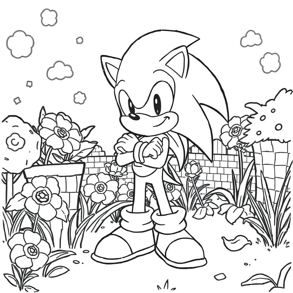 Sonic sonic the hedgehog standing with arms crossed in a flower ga — classic sonic coloring page (ages 5–10)