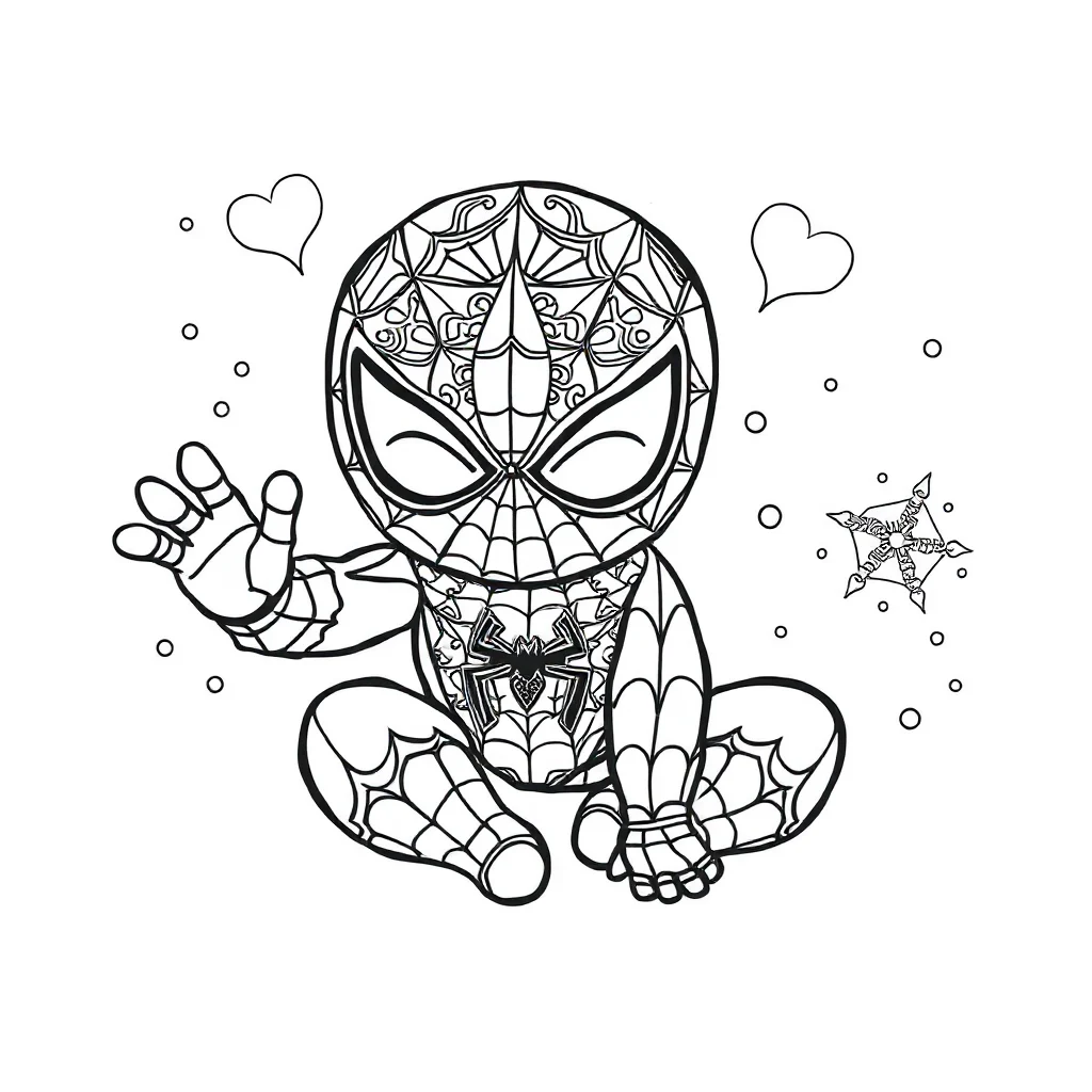 Spiderman a cute chibi spider man waving sleeping curled up — detailed spider-man coloring page (ages 9+ & adults)