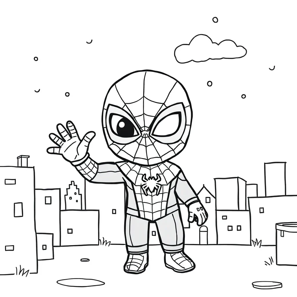 Spiderman a cute chibi spider man waving — easy spider-man coloring page (ages 2–5)