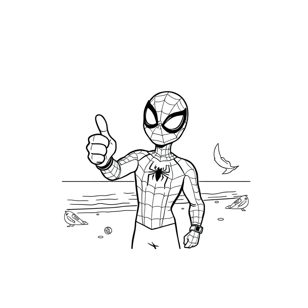 Spiderman a friendly cartoon spider man giving a thumbs up on the beac — classic spider-man coloring page (ages 5–10)