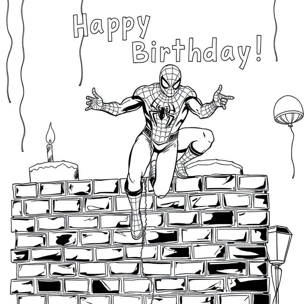Spiderman spider man climbing up a brick wall celebrating a birthday — classic spider-man coloring page (ages 5–10)