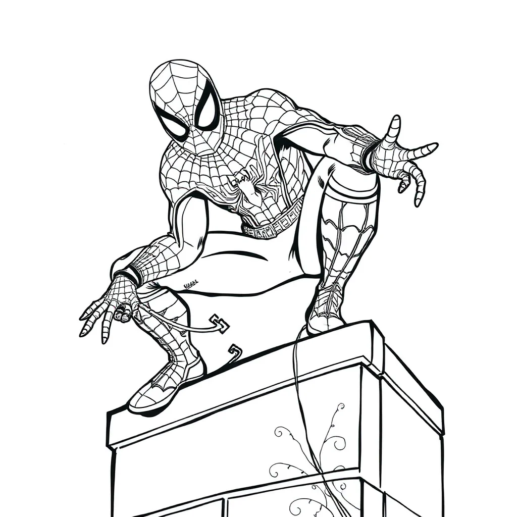 Spiderman spider man crouching on a rooftop leaping mid air — detailed spider-man coloring page (ages 9+ & adults)