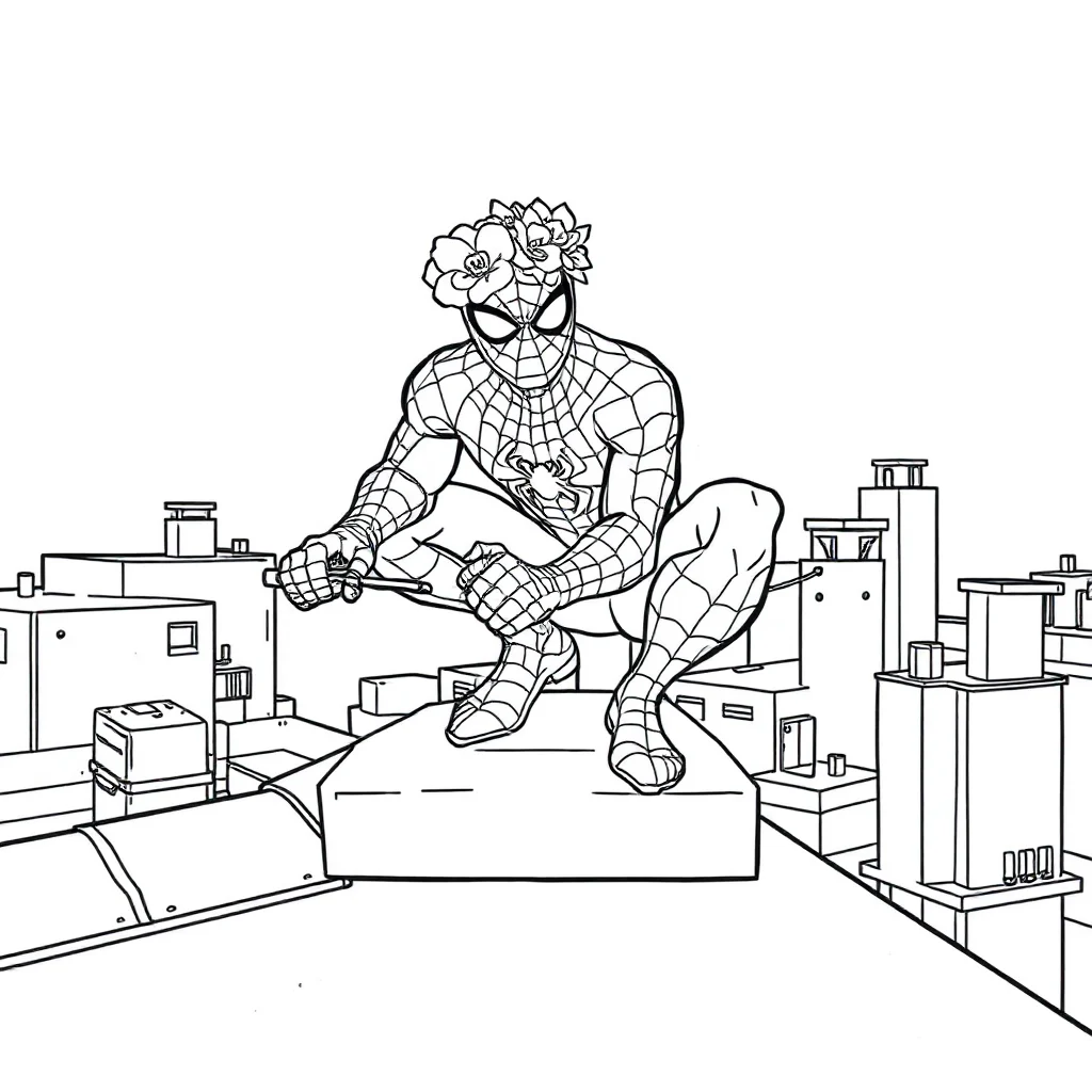 Spiderman spider man crouching on a rooftop wearing a flower crown — classic spider-man coloring page (ages 5–10)