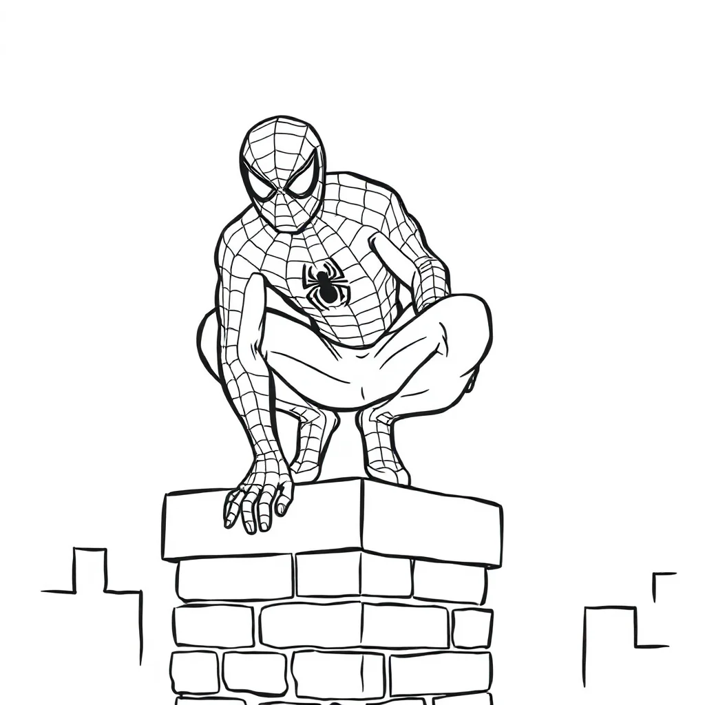 Spiderman spider man crouching on a rooftop — easy spider-man coloring page (ages 2–5)