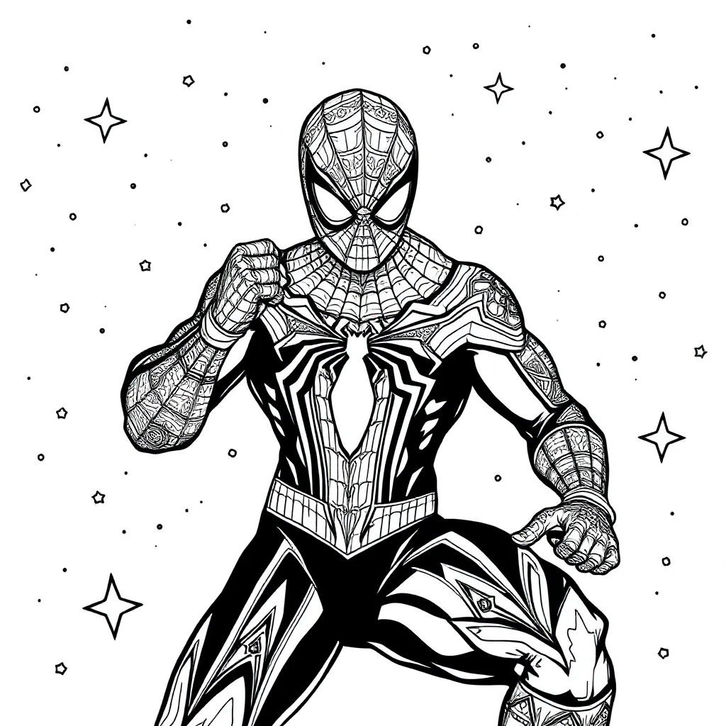 Spiderman spider man in an action fighting pose under the night sky wi — detailed spider-man coloring page (ages 9+ & adults)