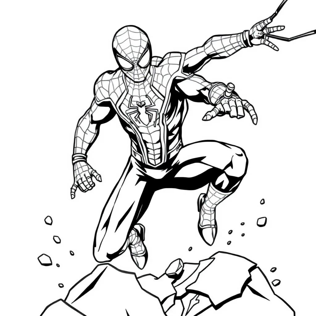 Spiderman spider man in an action fighting pose — classic spider-man coloring page (ages 5–10)