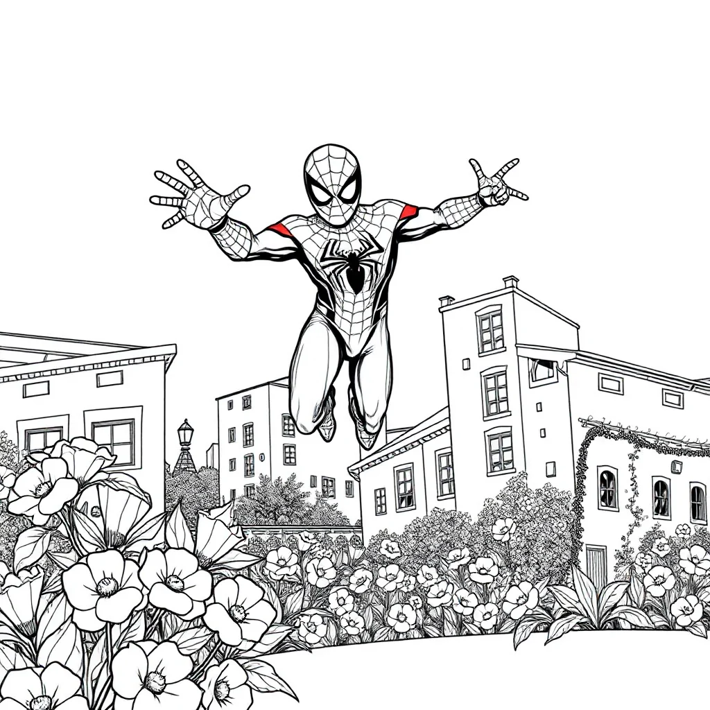 Spiderman spider man jumping over buildings in a flower garden — classic spider-man coloring page (ages 5–10)