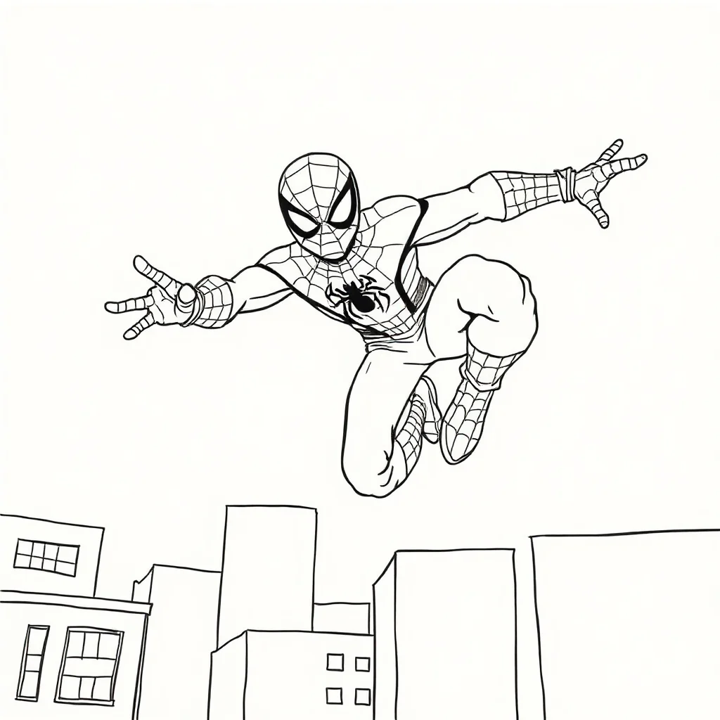 Spiderman spider man jumping over buildings — easy spider-man coloring page (ages 2–5)