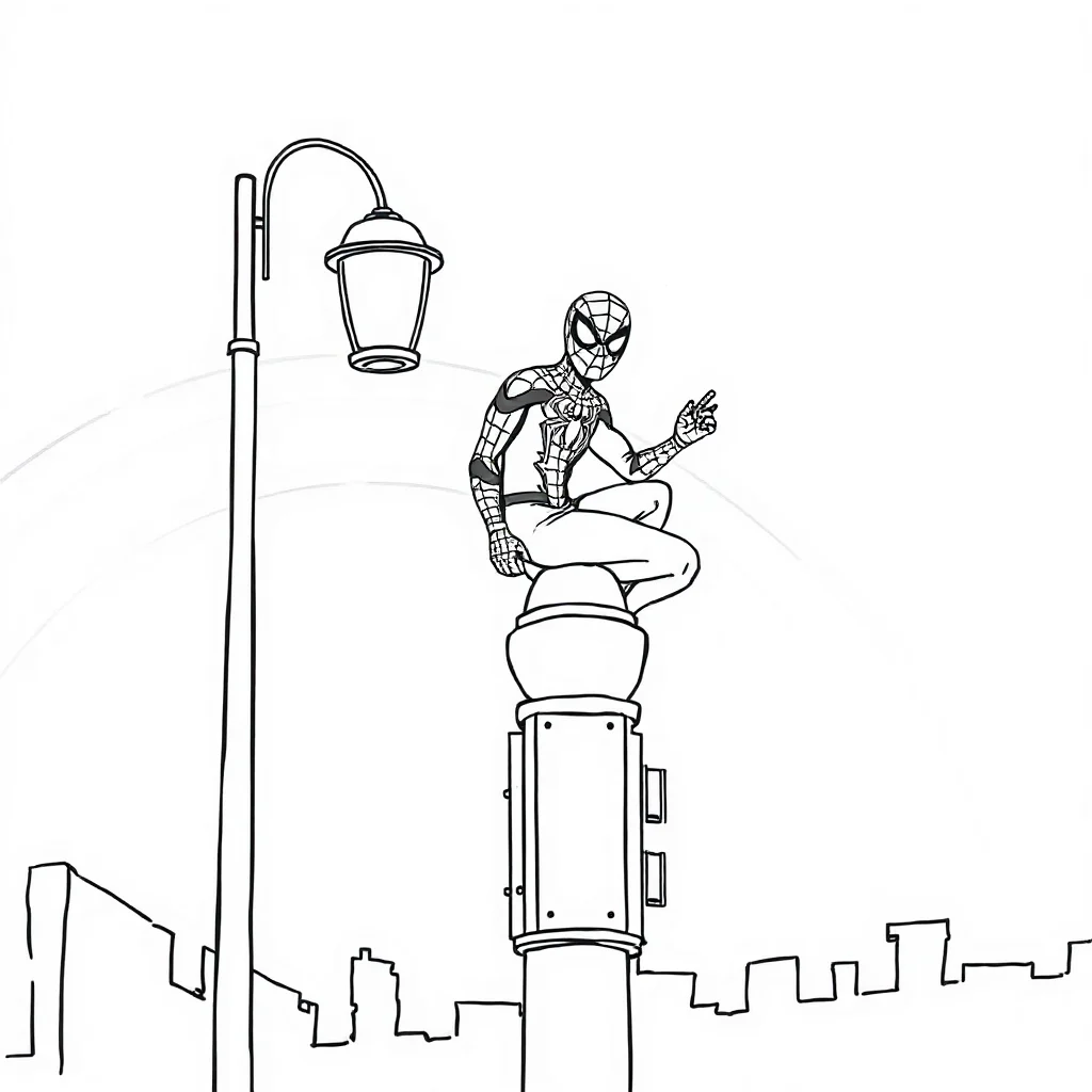 Spiderman spider man perched on a streetlight under a rainbow — classic spider-man coloring page (ages 5–10)