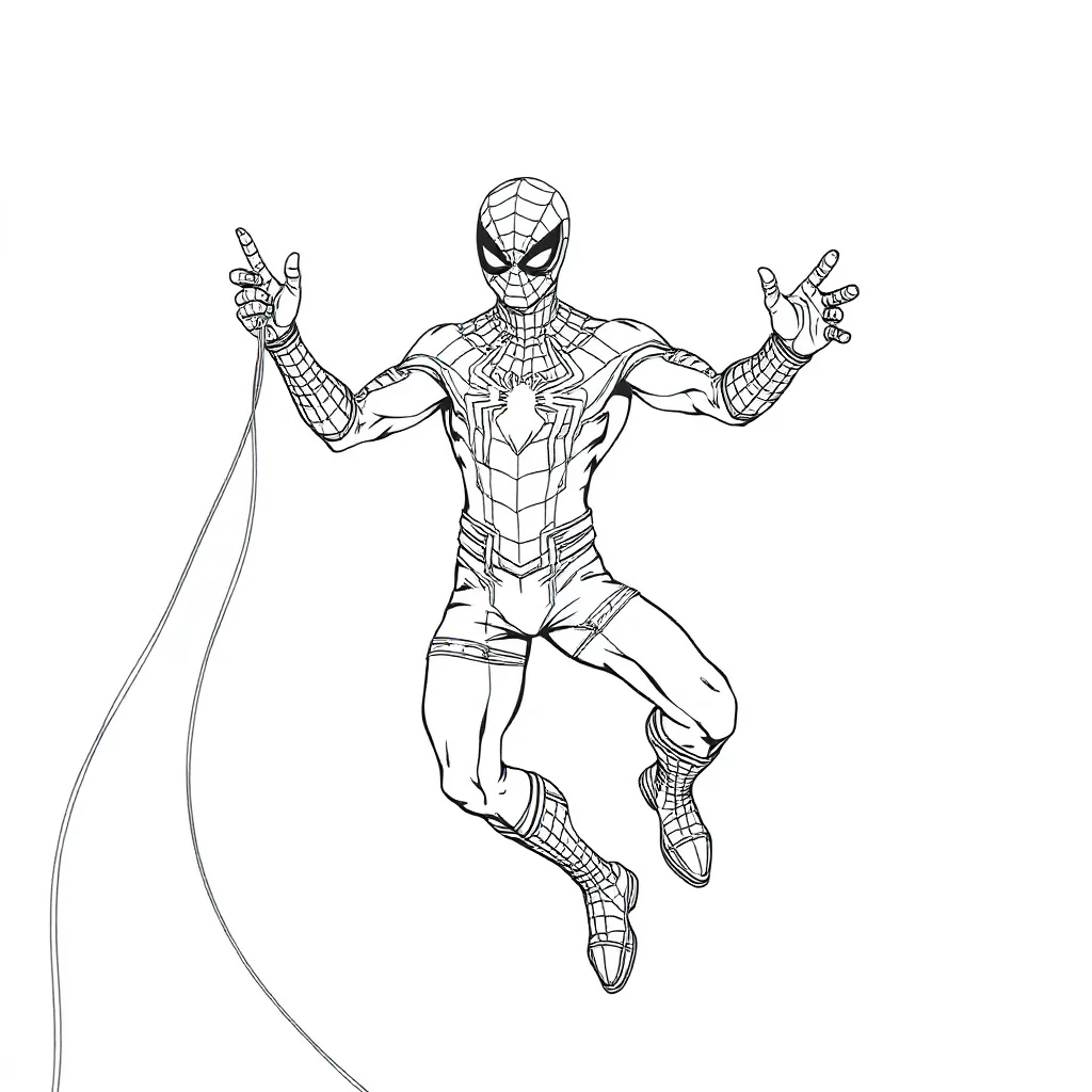 Spiderman spider man shooting a web from his wrist dancing — detailed spider-man coloring page (ages 9+ & adults)