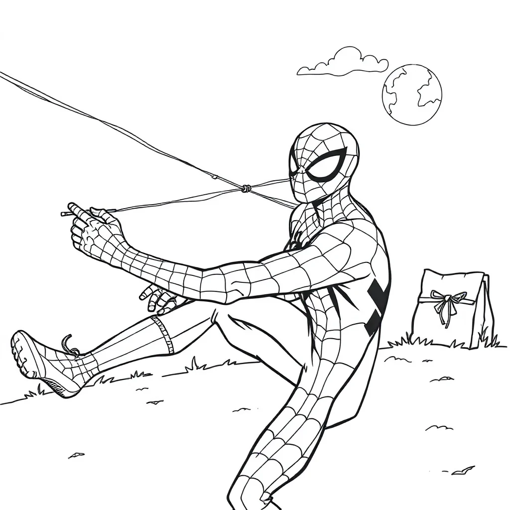 Spiderman spider man shooting a web from his wrist having a picnic — classic spider-man coloring page (ages 5–10)