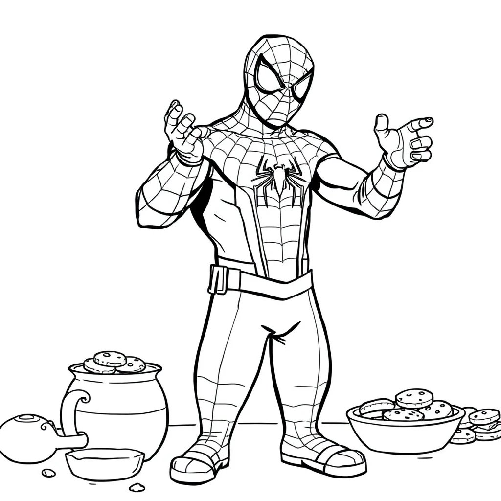 Spiderman spider man standing in a heroic pose baking cookies — classic spider-man coloring page (ages 5–10)