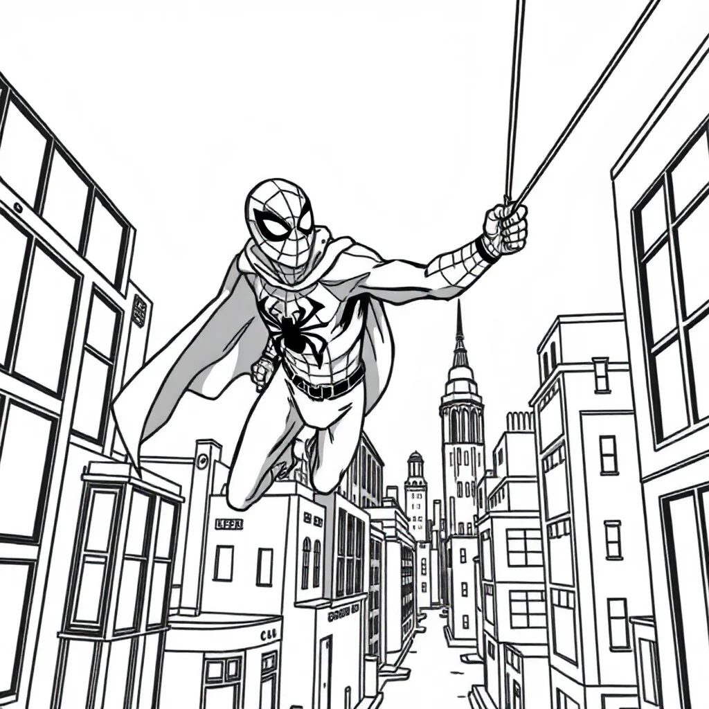 Spiderman spider man swinging through the city on a web in a superhero — classic spider-man coloring page (ages 5–10)