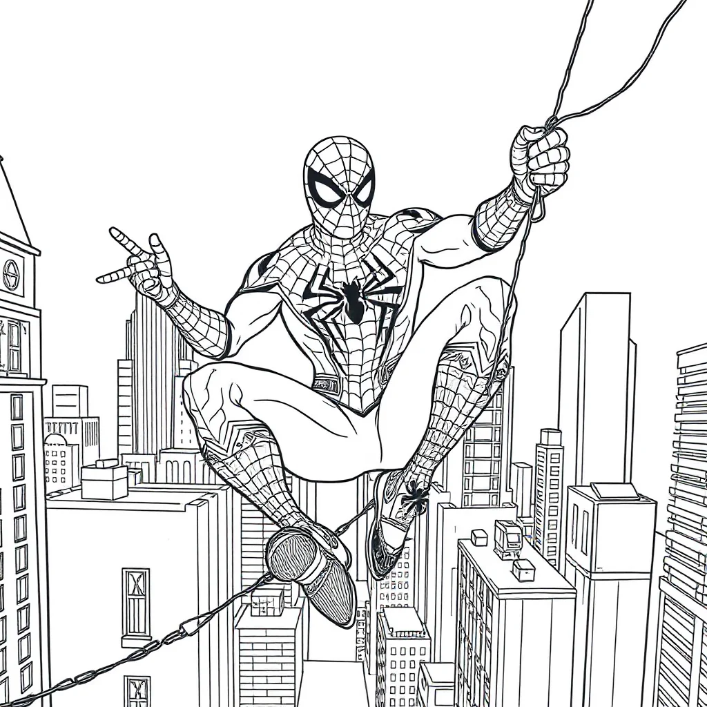Spiderman spider man swinging through the city on a web sitting — detailed spider-man coloring page (ages 9+ & adults)