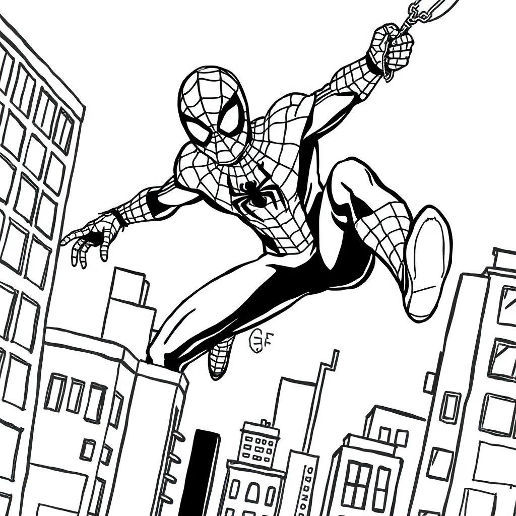 Spiderman spider man swinging through the city on a web — easy spider-man coloring page (ages 2–5)