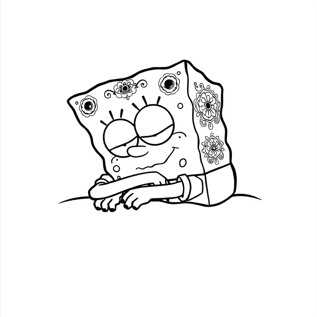 Spongebob a cute chibi spongebob sleeping curled up — detailed spongebob coloring page (ages 9+ & adults)