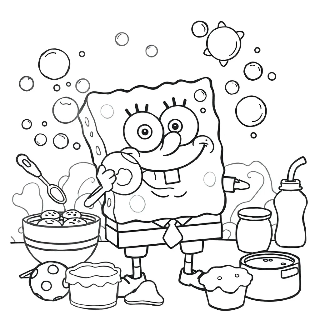 Spongebob spongebob blowing bubbles baking cookies — classic spongebob coloring page (ages 5–10)