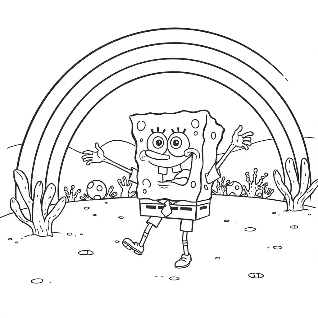 Spongebob spongebob dancing under a rainbow — classic spongebob coloring page (ages 5–10)
