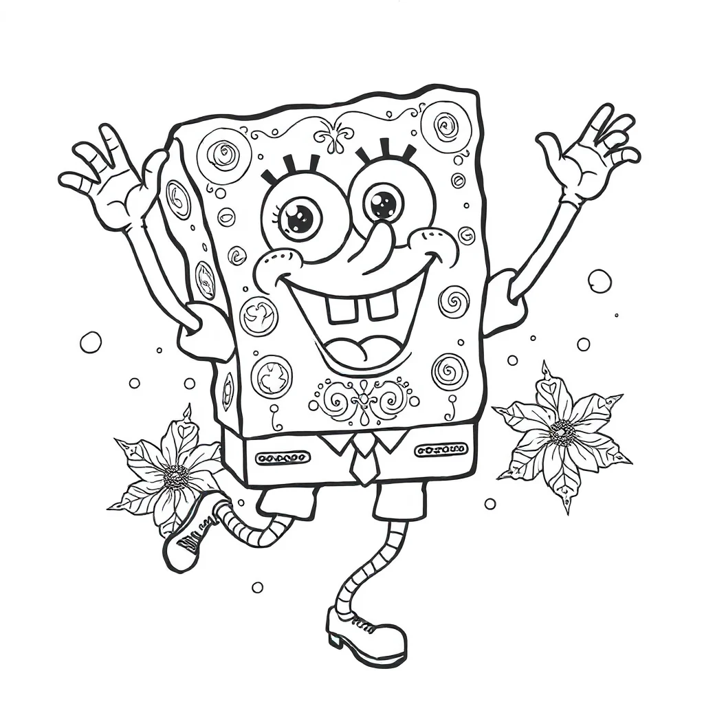 Spongebob spongebob flipping a krabby patty dancing — detailed spongebob coloring page (ages 9+ & adults)