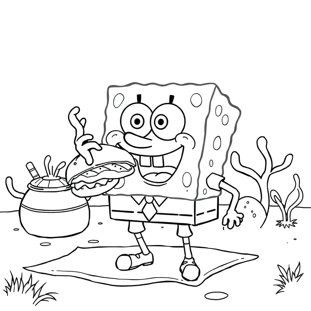 Spongebob spongebob flipping a krabby patty having a picnic — classic spongebob coloring page (ages 5–10)