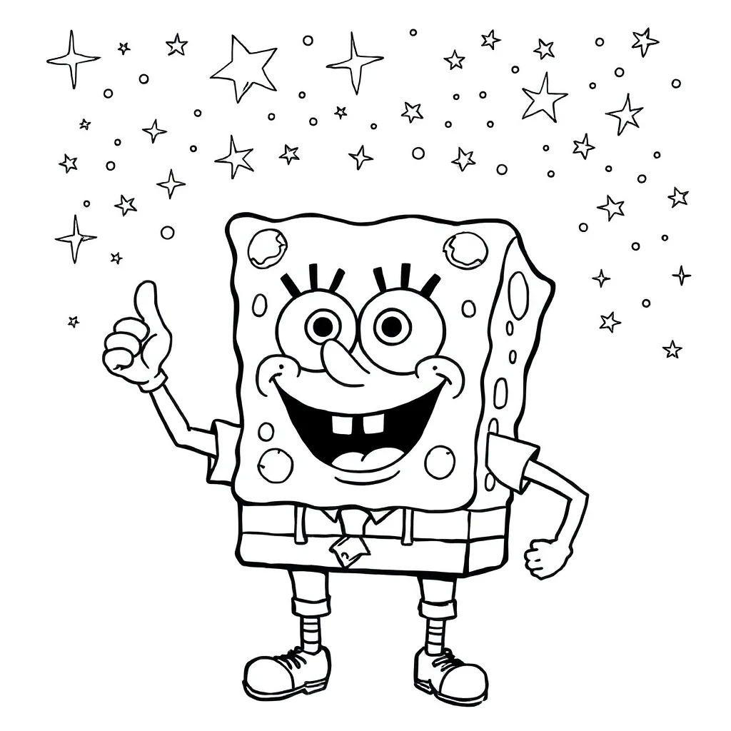 Spongebob spongebob giving a thumbs up under the night sky with stars — detailed spongebob coloring page (ages 9+ & adults)