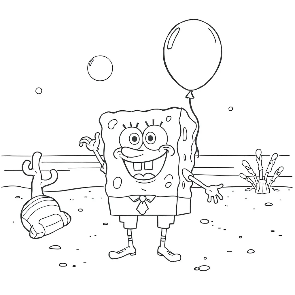 Spongebob spongebob holding a balloon on the beach — classic spongebob coloring page (ages 5–10)