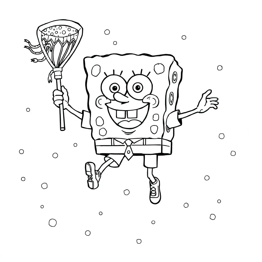 Spongebob spongebob holding a jellyfish net leaping mid air — detailed spongebob coloring page (ages 9+ & adults)