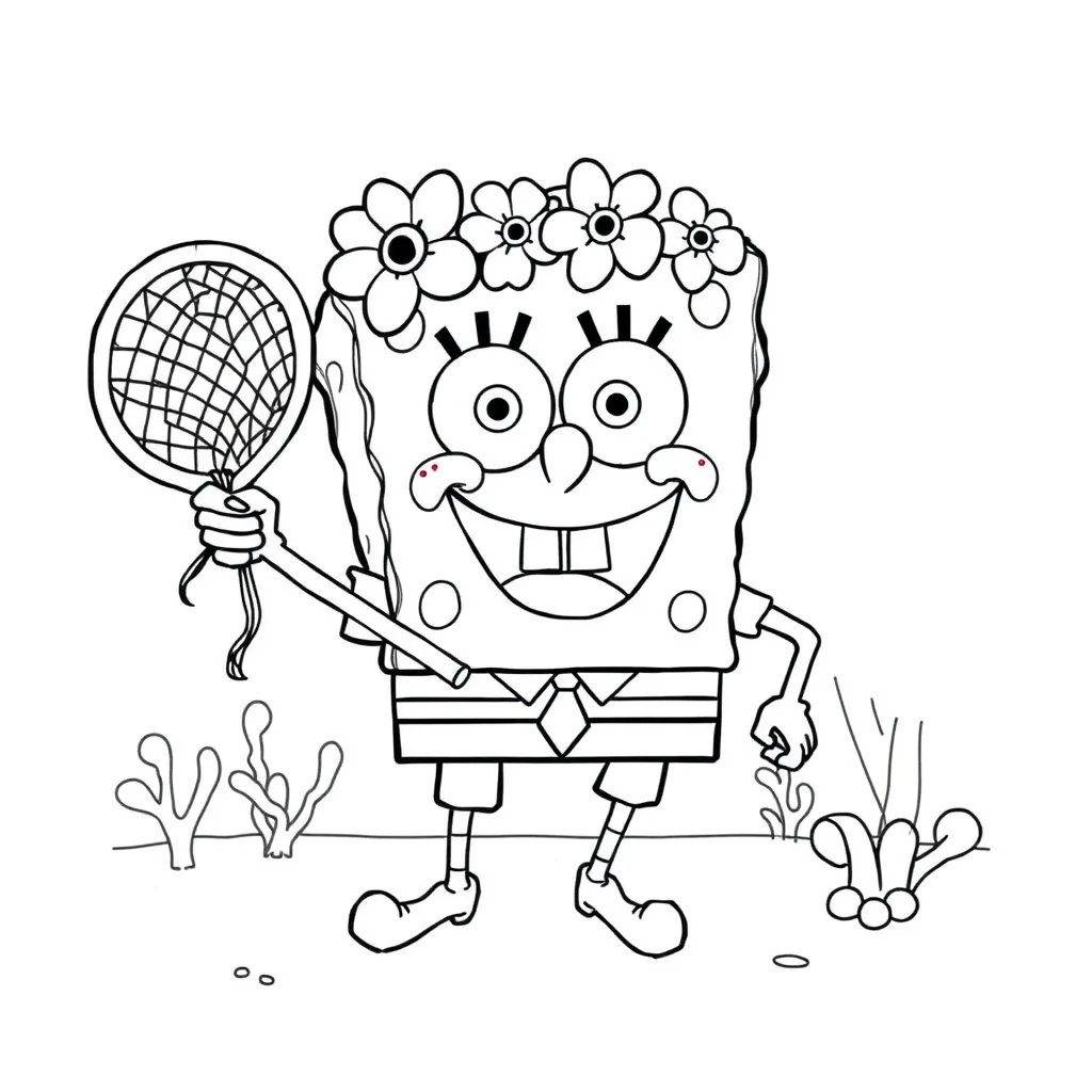 Spongebob spongebob holding a jellyfish net wearing a flower crown — classic spongebob coloring page (ages 5–10)