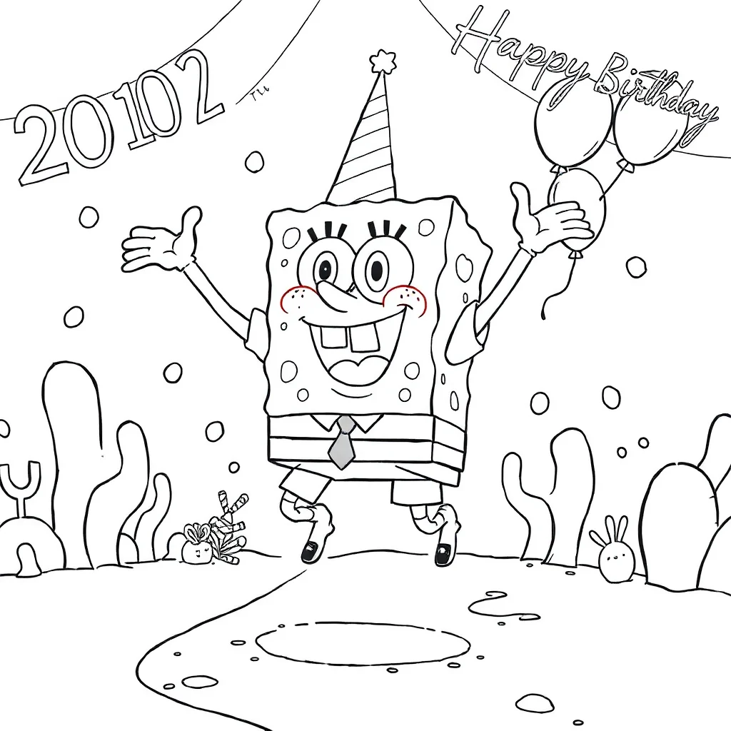 Spongebob spongebob jumping happily celebrating a birthday — classic spongebob coloring page (ages 5–10)