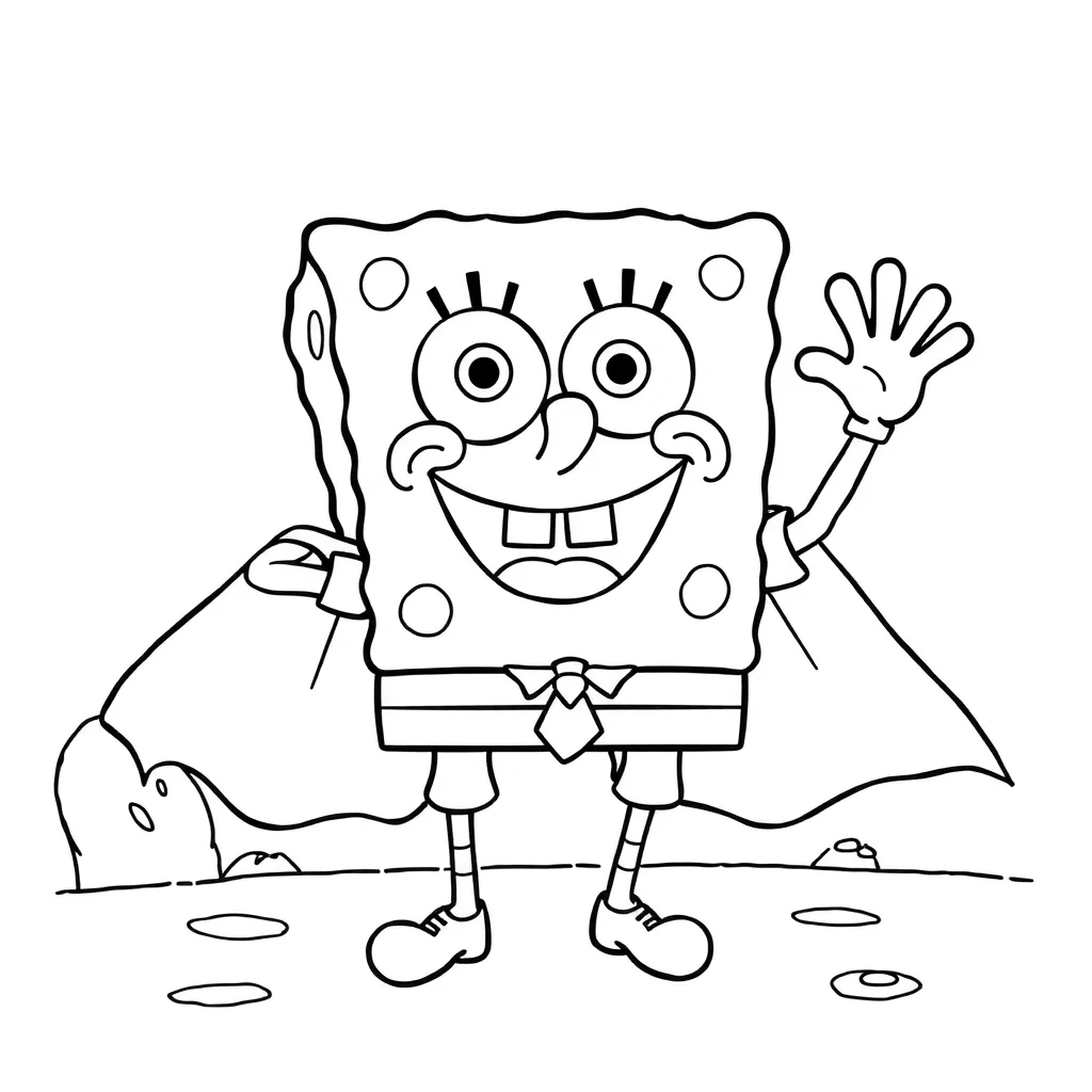 Spongebob spongebob squarepants smiling and waving in a superhero cape — classic spongebob coloring page (ages 5–10)